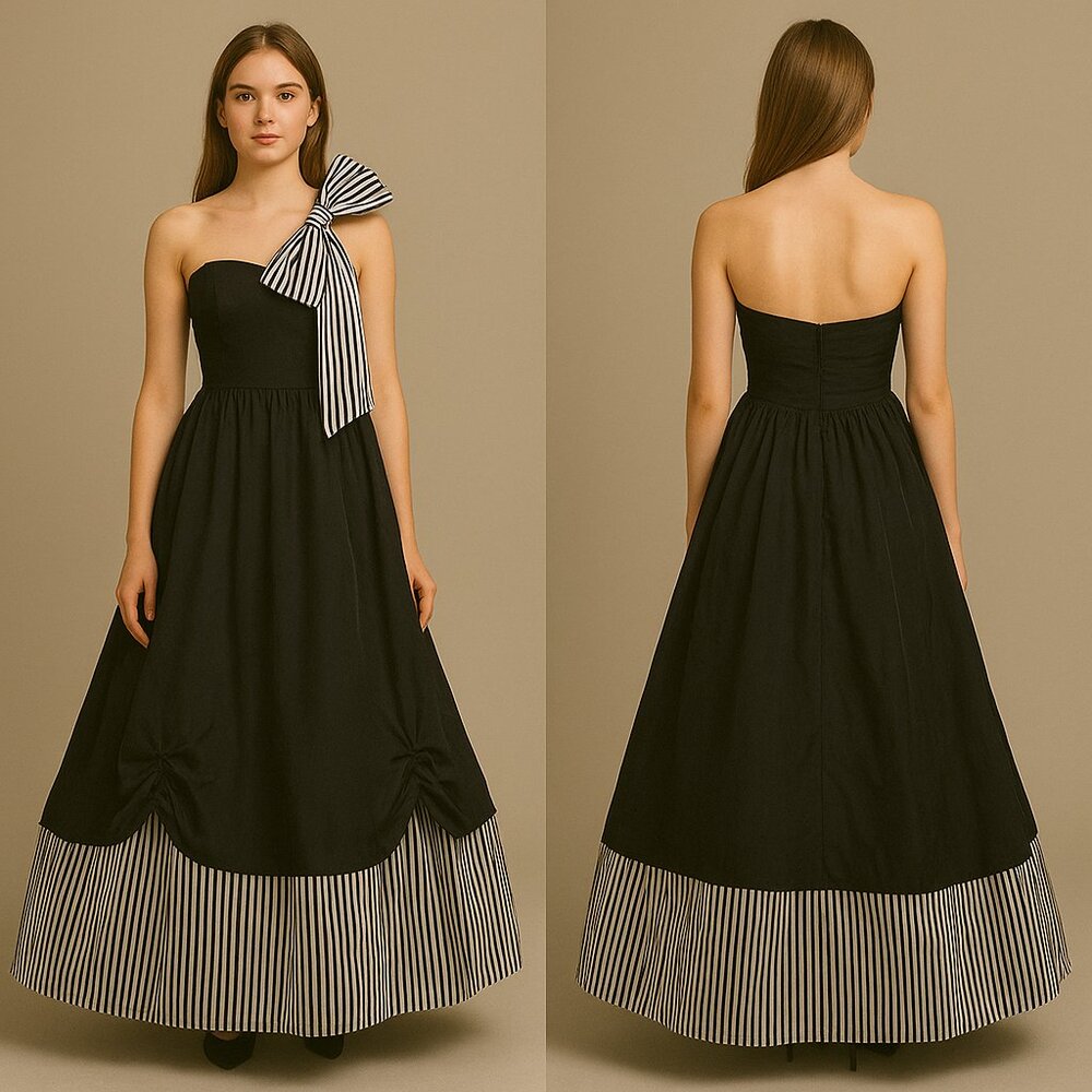 Vintage 1980s Gunne Sax Holiday Prom Dress Black Satin Striped One Shoulder 9